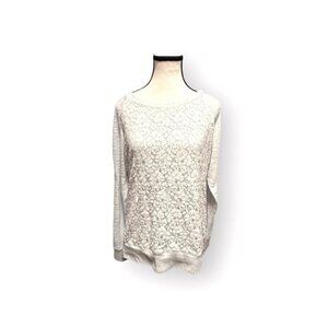 Womens L Reitmans White Lace Front Sweater with Light Gray Sweatshirt Sleeve